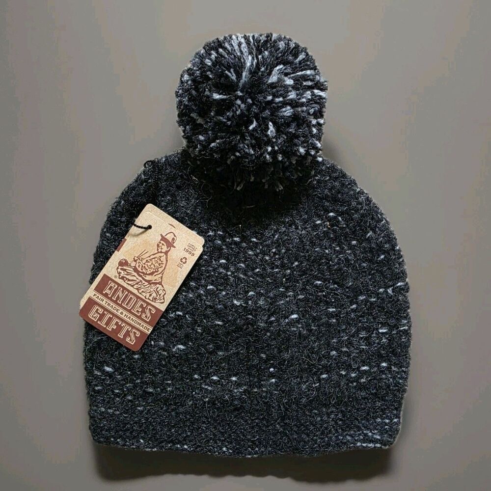 Andes Gifts Knit Beanie Hat Handmade Women Alpaca Acrylic Pom Peru Black Gray
